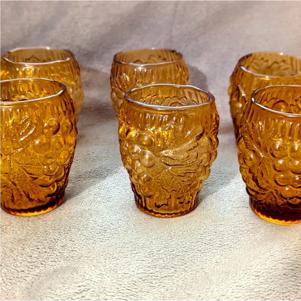Vintage Amber Pressed Grapes Tumblers - Set of Six 1960's